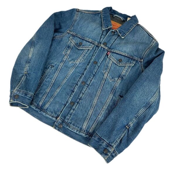 Levi’s Trucker Denim Striped Sherpa Jacket Size Small Mid Wash 576960000 - Picture 1 of 9